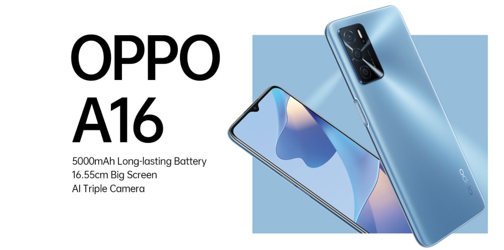 Découvrez le nouveau smartphone Oppo A16 livré avec 4go de RAM , 64go stockage , batterie puissante  et une large écran disponible avec 2 couleurs chez Taktek.com.tn